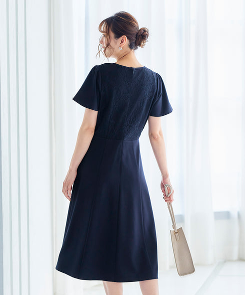 【アウトレット】フレアスリーブレースコンビワンピース