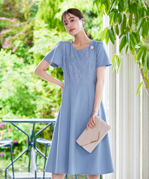 【アウトレット】フレアスリーブレースコンビワンピース