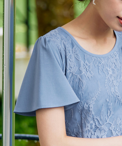 【アウトレット】フレアスリーブレースコンビワンピース