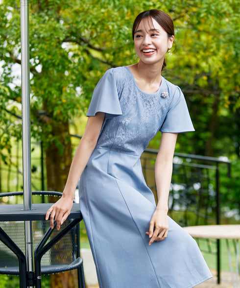 【アウトレット】フレアスリーブレースコンビワンピース