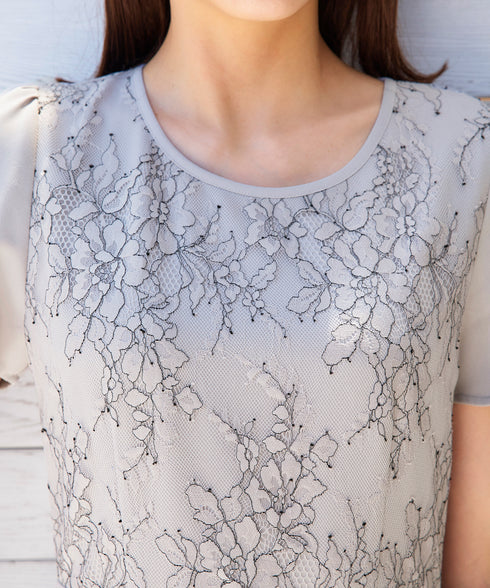 【アウトレット】フレアスリーブレースコンビワンピース