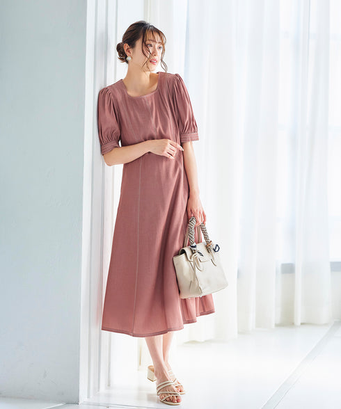 【アウトレット】パフスリーブ配色ステッチワンピース