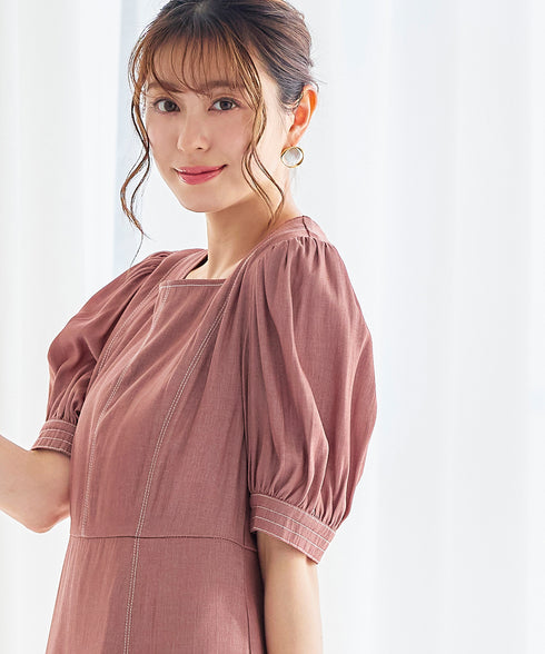 【アウトレット】パフスリーブ配色ステッチワンピース