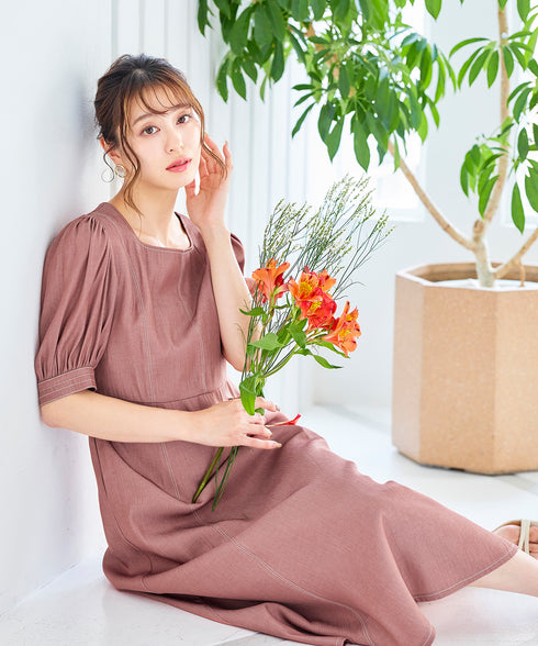 【アウトレット】パフスリーブ配色ステッチワンピース