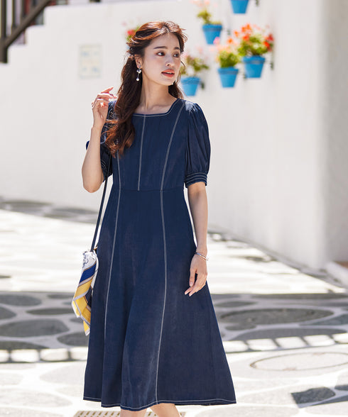 【アウトレット】パフスリーブ配色ステッチワンピース