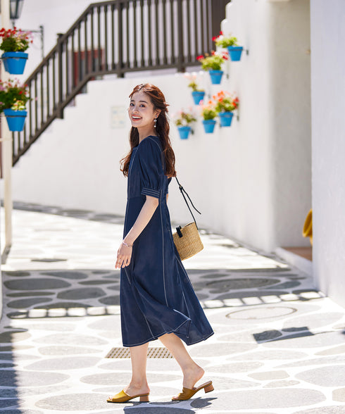 【アウトレット】パフスリーブ配色ステッチワンピース