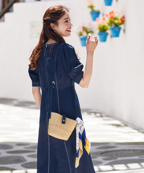 【アウトレット】パフスリーブ配色ステッチワンピース