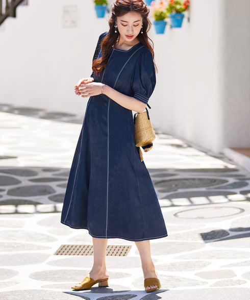 【アウトレット】パフスリーブ配色ステッチワンピース