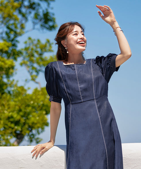 【アウトレット】パフスリーブ配色ステッチワンピース