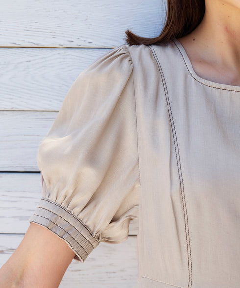 【アウトレット】パフスリーブ配色ステッチワンピース