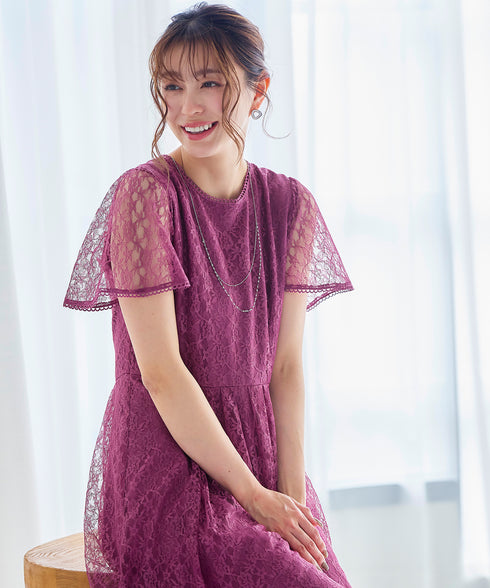 【アウトレット】フレアスリーブ総レースワンピース