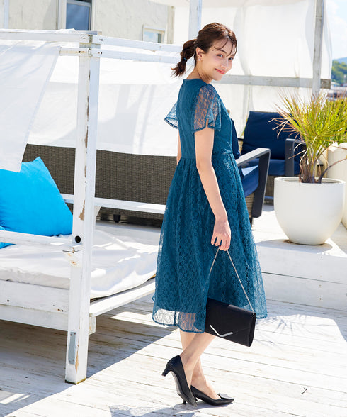 【アウトレット】フレアスリーブ総レースワンピース