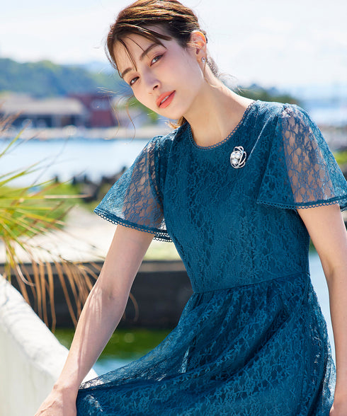 【アウトレット】フレアスリーブ総レースワンピース