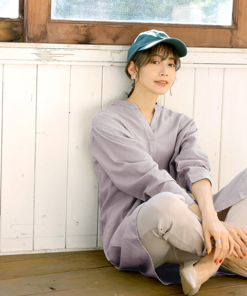 【アウトレット】リネンミックス スキッパー長袖ワンピース