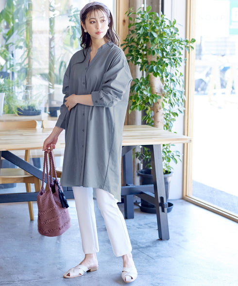 【アウトレット】リネンミックス スキッパー長袖ワンピース