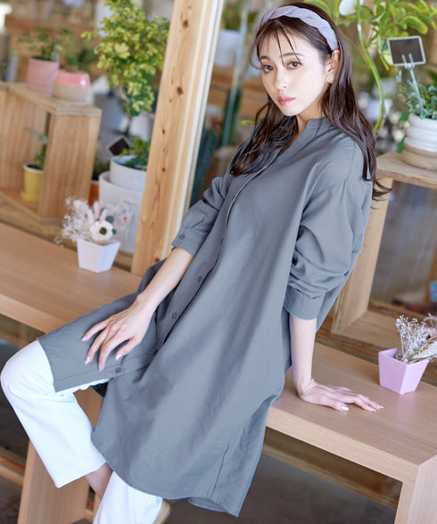 【アウトレット】リネンミックス スキッパー長袖ワンピース