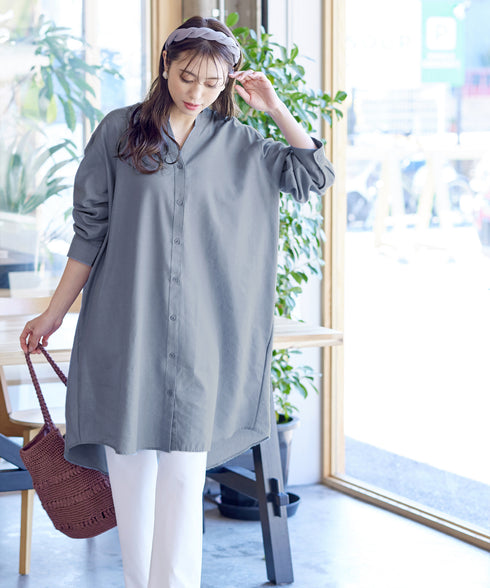 【アウトレット】リネンミックス スキッパー長袖ワンピース