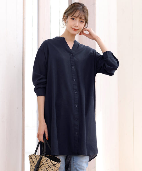 【アウトレット】リネンミックス スキッパー長袖ワンピース