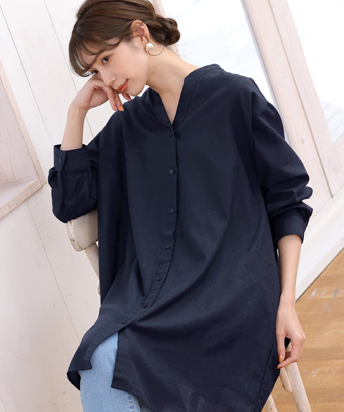 【アウトレット】リネンミックス スキッパー長袖ワンピース