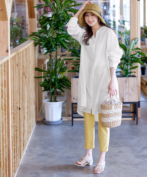 【アウトレット】リネンミックス スキッパー長袖ワンピース