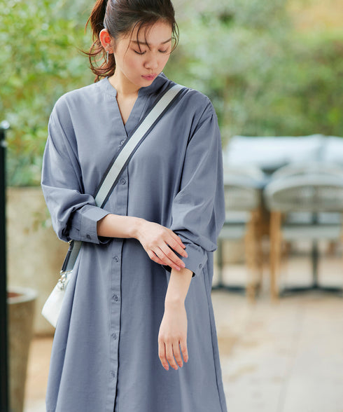 【アウトレット】リネンミックス スキッパー長袖ワンピース