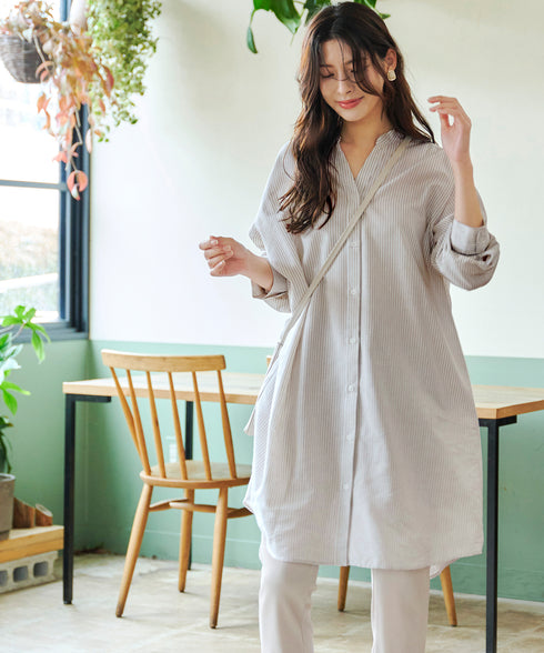 【アウトレット】リネンミックス スキッパー長袖ワンピース