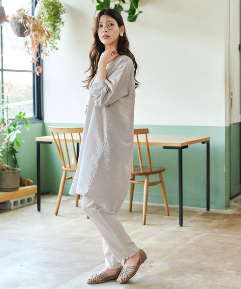 【アウトレット】リネンミックス スキッパー長袖ワンピース