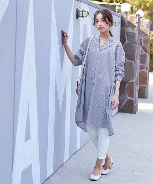 【アウトレット】リネンミックス スキッパー長袖ワンピース