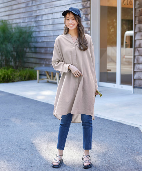 【アウトレット】リネンミックス スキッパー長袖ワンピース