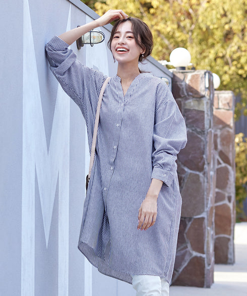 【アウトレット】リネンミックス スキッパー長袖ワンピース