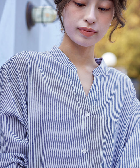 【アウトレット】リネンミックス スキッパー長袖ワンピース