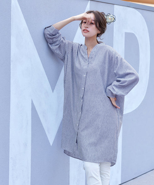 【アウトレット】リネンミックス スキッパー長袖ワンピース