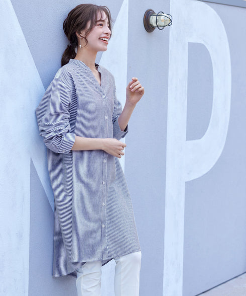 【アウトレット】リネンミックス スキッパー長袖ワンピース