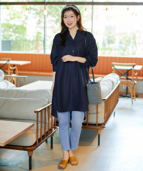 【アウトレット】リネンミックス スキッパー長袖ワンピース