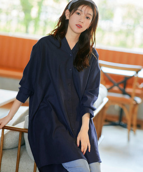 【アウトレット】リネンミックス スキッパー長袖ワンピース