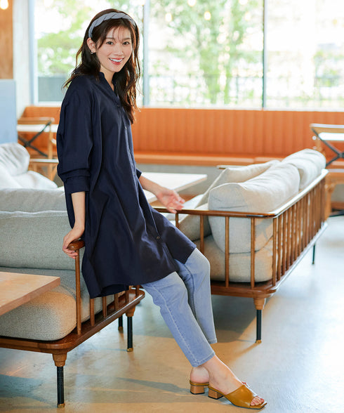 【アウトレット】リネンミックス スキッパー長袖ワンピース