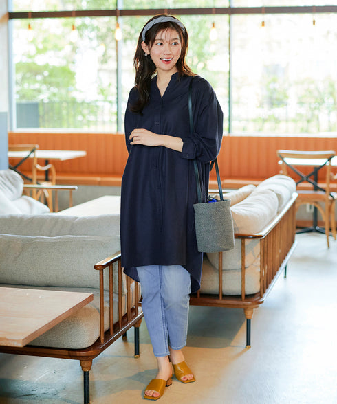 【アウトレット】リネンミックス スキッパー長袖ワンピース