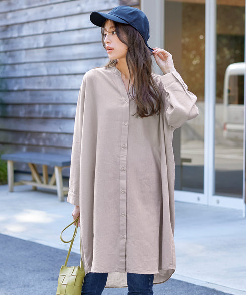 【アウトレット】リネンミックス スキッパー長袖ワンピース