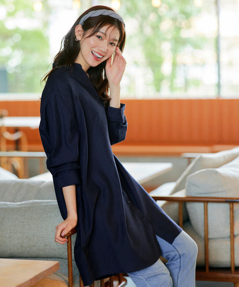 【アウトレット】リネンミックス スキッパー長袖ワンピース