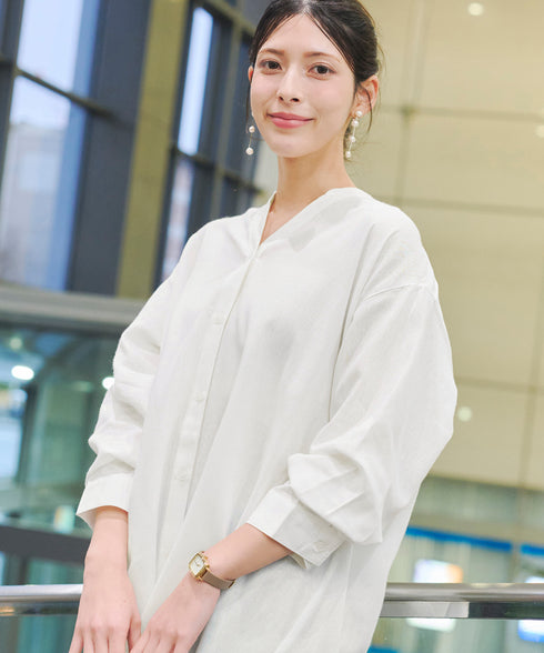 【アウトレット】リネンミックス スキッパー長袖ワンピース