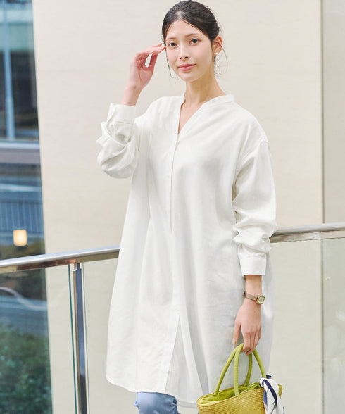 【アウトレット】リネンミックス スキッパー長袖ワンピース