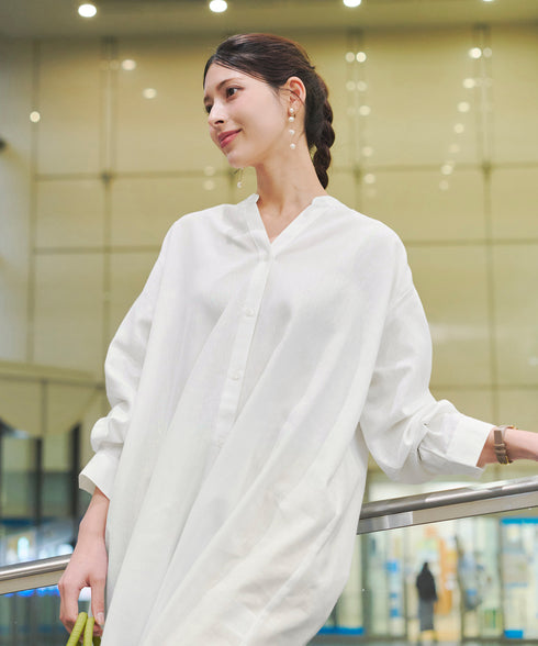 【アウトレット】リネンミックス スキッパー長袖ワンピース