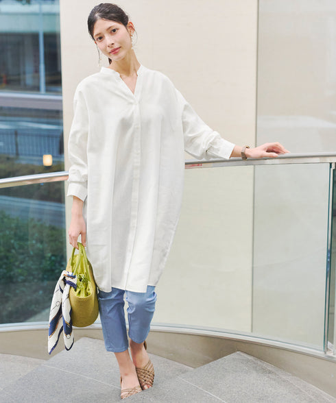 【アウトレット】リネンミックス スキッパー長袖ワンピース