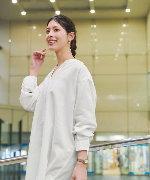 【アウトレット】リネンミックス スキッパー長袖ワンピース