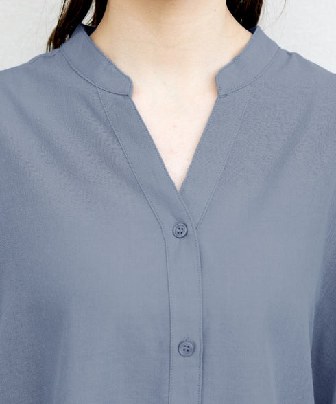 【アウトレット】リネンミックス スキッパー長袖ワンピース