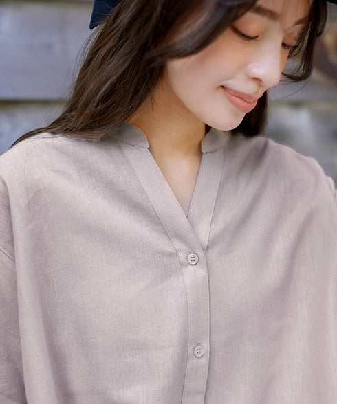 【アウトレット】リネンミックス スキッパー長袖ワンピース