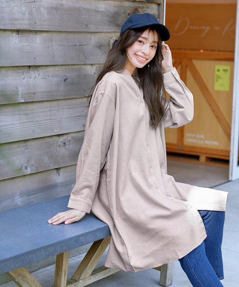 【アウトレット】リネンミックス スキッパー長袖ワンピース