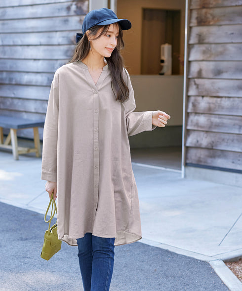 【アウトレット】リネンミックス スキッパー長袖ワンピース