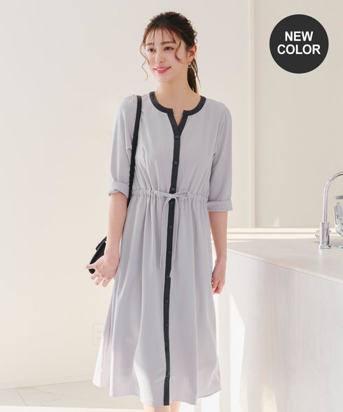 【新色追加】配色キーネックストライプワンピース