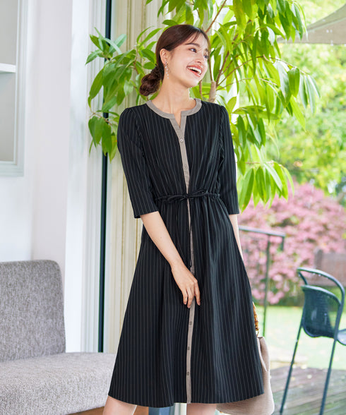 【新色追加】配色キーネックストライプワンピース